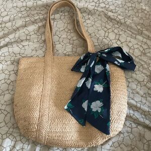 Draper James Everyday Straw Tote with Navy Magnolia Floral Scarf